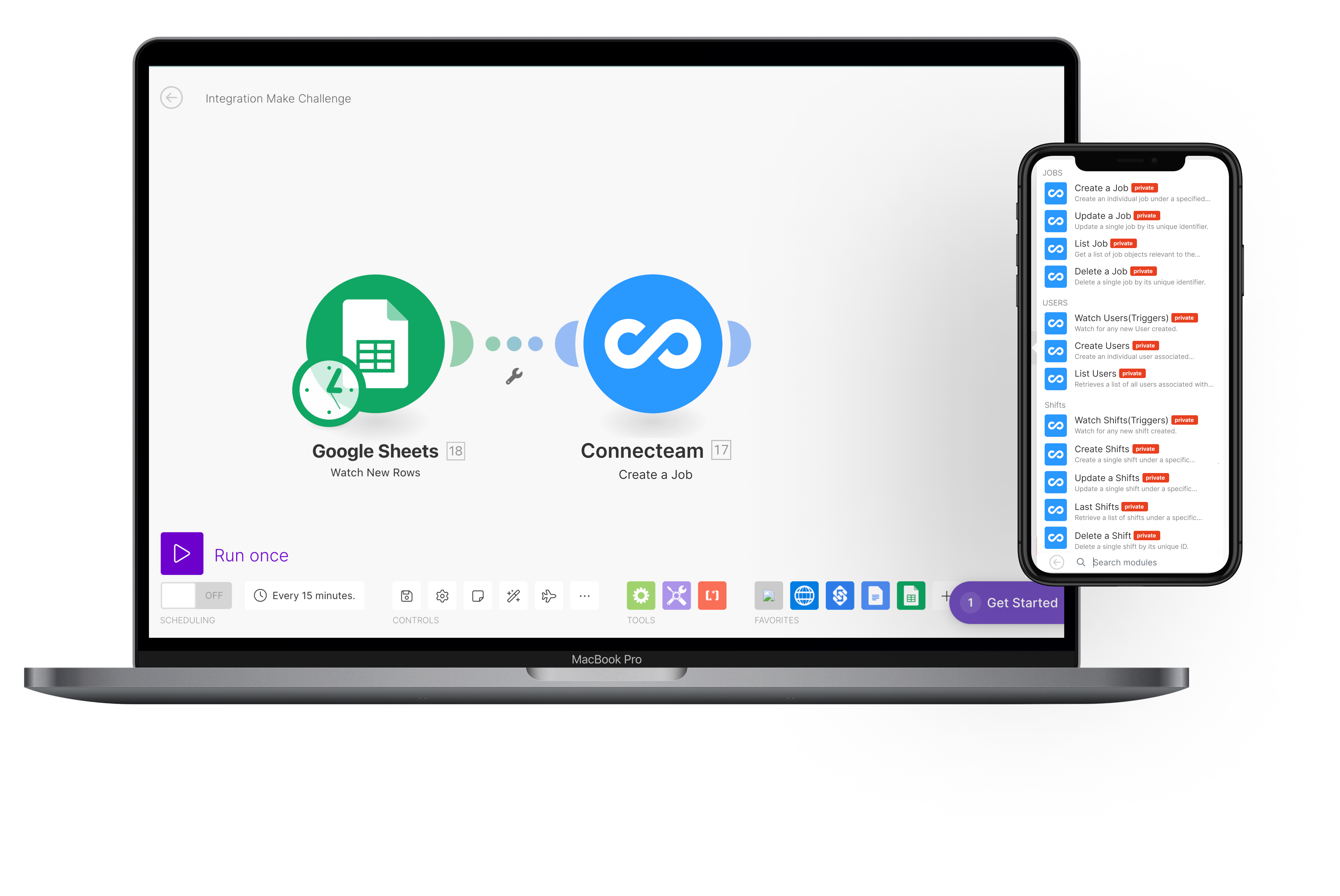 Showcase image of the Connecteam Make app integration by G&H Automation.